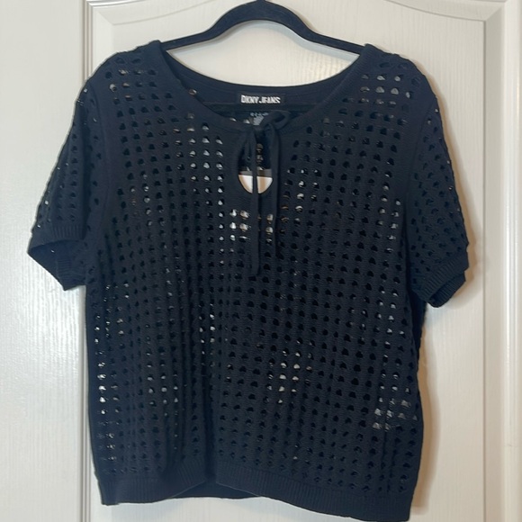 DKNY Jeans Open Weave Short Sleeve Sweater Black XL - Picture 1 of 15